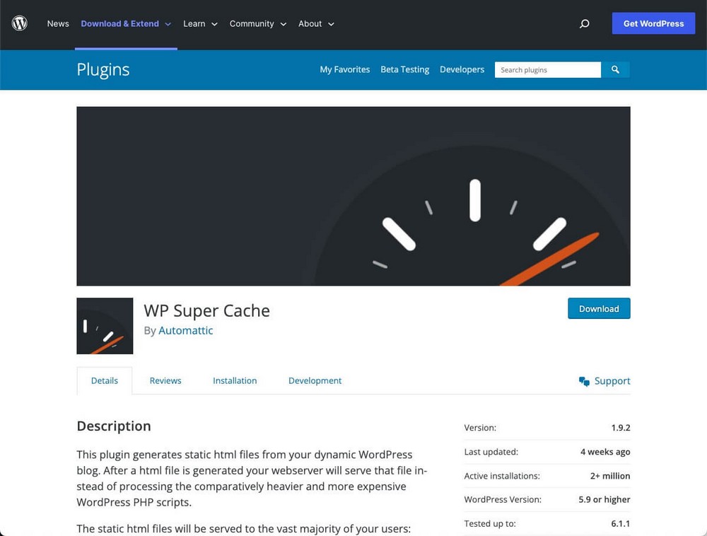 Page d'accueil de WP Super Cache