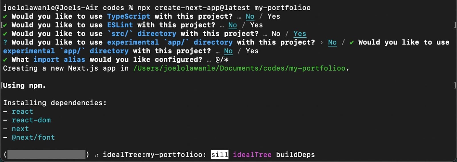 Code montrant un nouveau projet next.js.