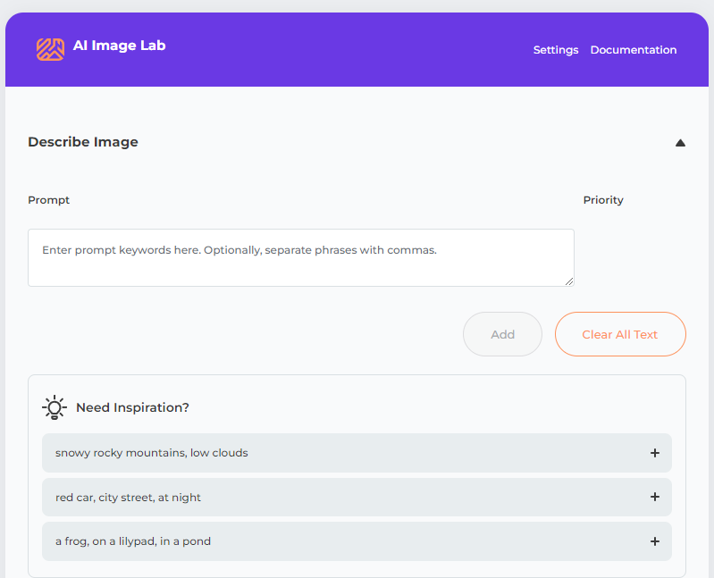 AI Image Lab 사용자 인터페이스의 이미지 프롬프트 섹션 스크린샷