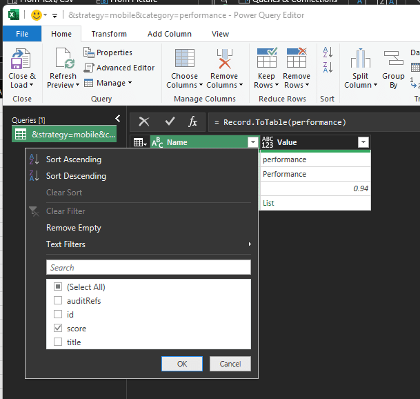 Pemfilteran tabel yang diimpor Excel