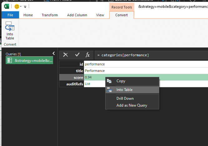 Perincian objek JSON Excel