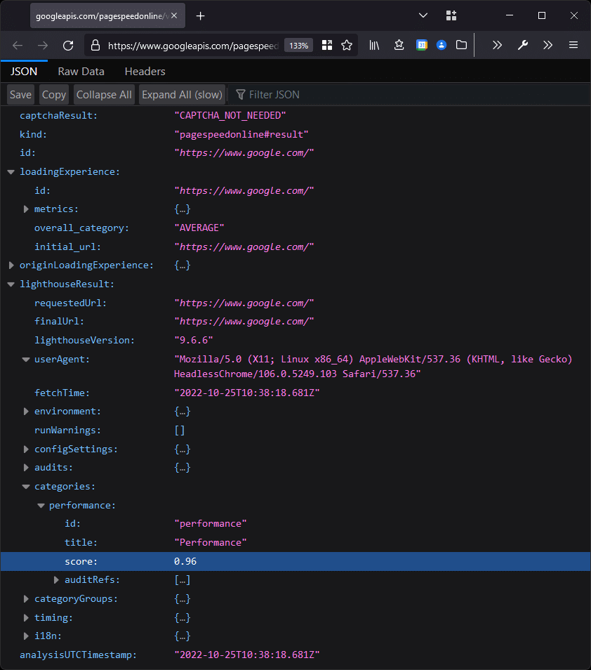 PageSpeed Insights API menghasilkan JSON (Firefox)