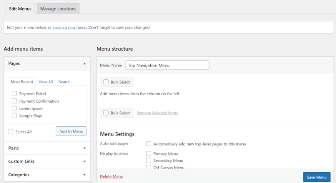 La configuración del menú de WordPress The WordPress menu settings