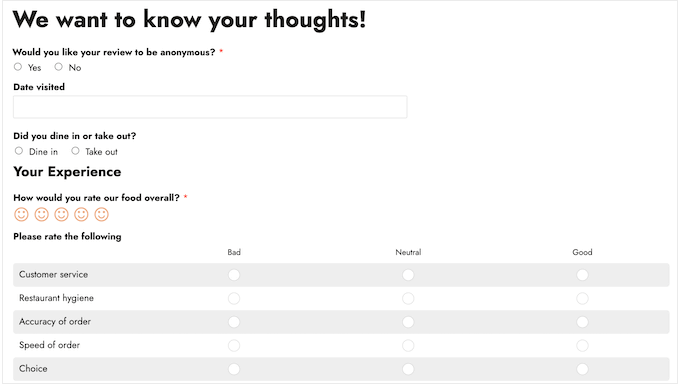 Un formulario de revisión de restaurante, creado usando WPForms A restaurant review form, created using WPForms