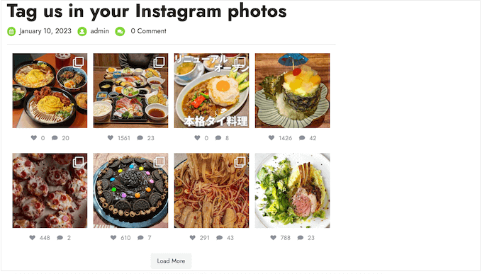 Un feed de Instagram con hashtag de alimentos, creado con Smash Balloon A food hashtag Instagram feed, created using Smash Balloon