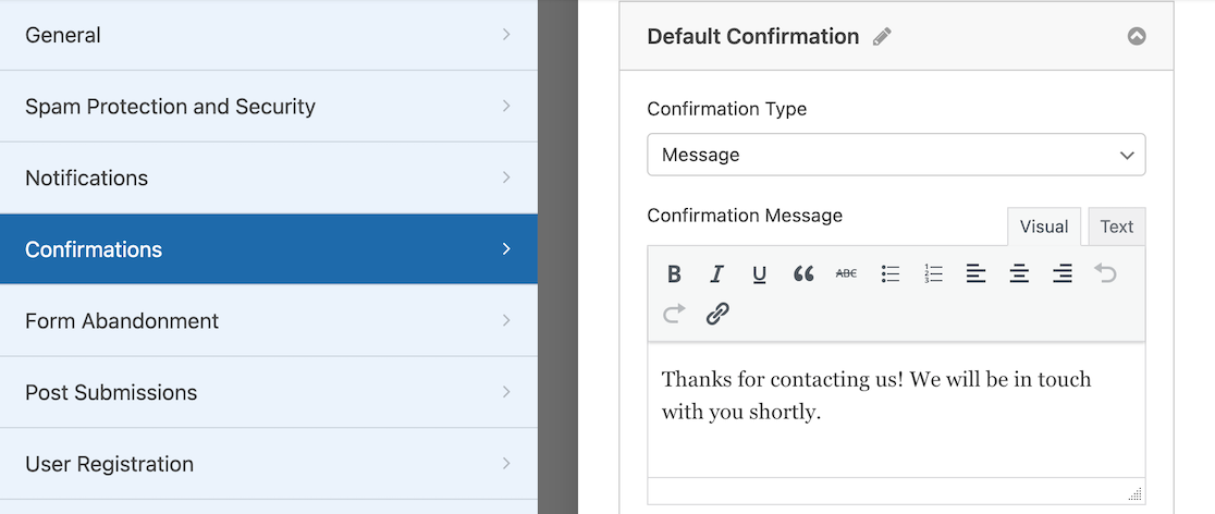 Confirmation settings in WPForms