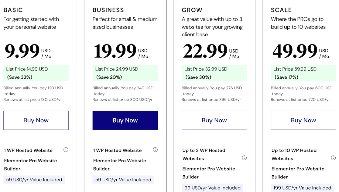 The Elementor pricing page