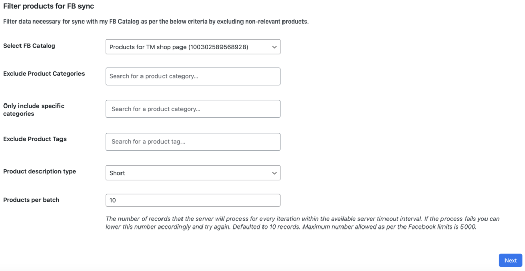 Filtrar productos para sincronización de FB