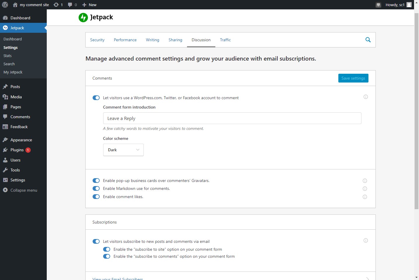 Configuración de comentarios de Jetpack WordPress