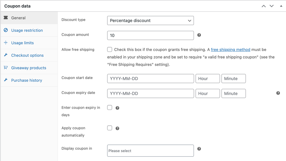 プレミアム拡張機能付きの WooCommerce クーポンで利用可能なすべての一般設定