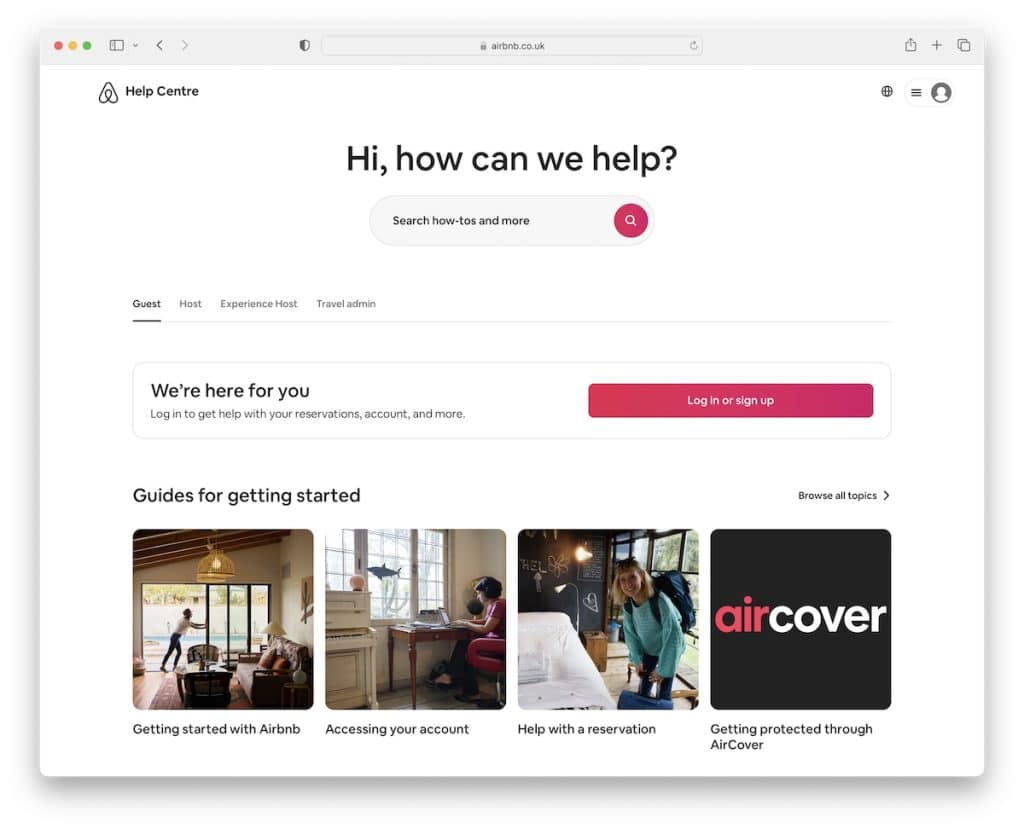 esempio di pagina del centro assistenza di airbnb