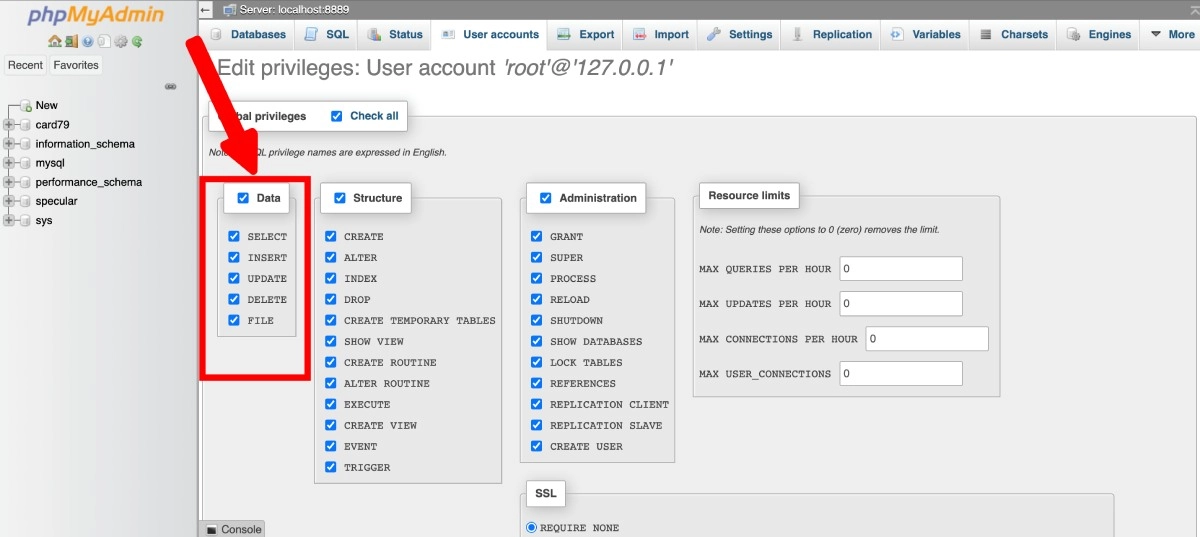 สิทธิพิเศษของผู้ใช้ phpmyadmin