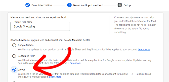 Alegeți un nume și o metodă pentru încărcarea feedului Choose a name and method for uploading the feed