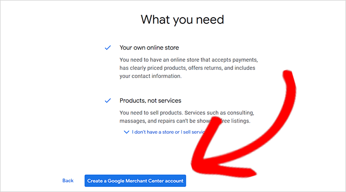 Faceți clic pe butonul Creați cont de comerciant Google Click the Create Google Merchant Account button