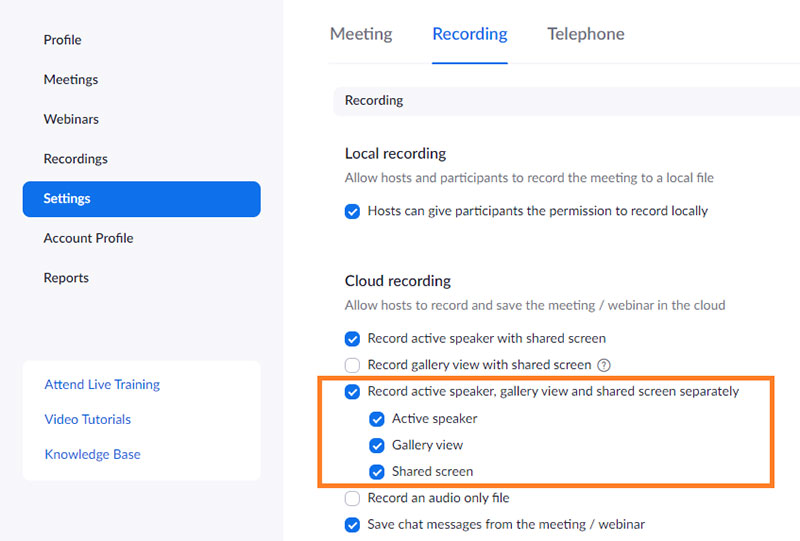 como gravar uma reunião de zoom no painel de configurações da nuvem