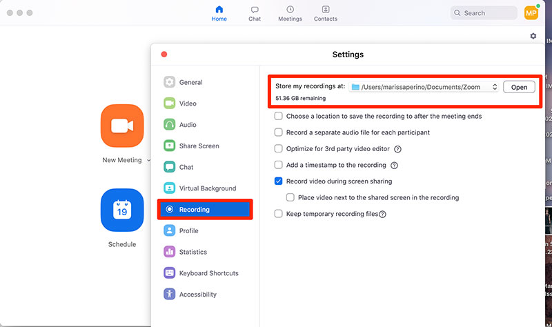 painel de configurações de gravação de zoom