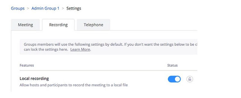 como gravar uma reunião de zoom para um painel de configurações de grupo