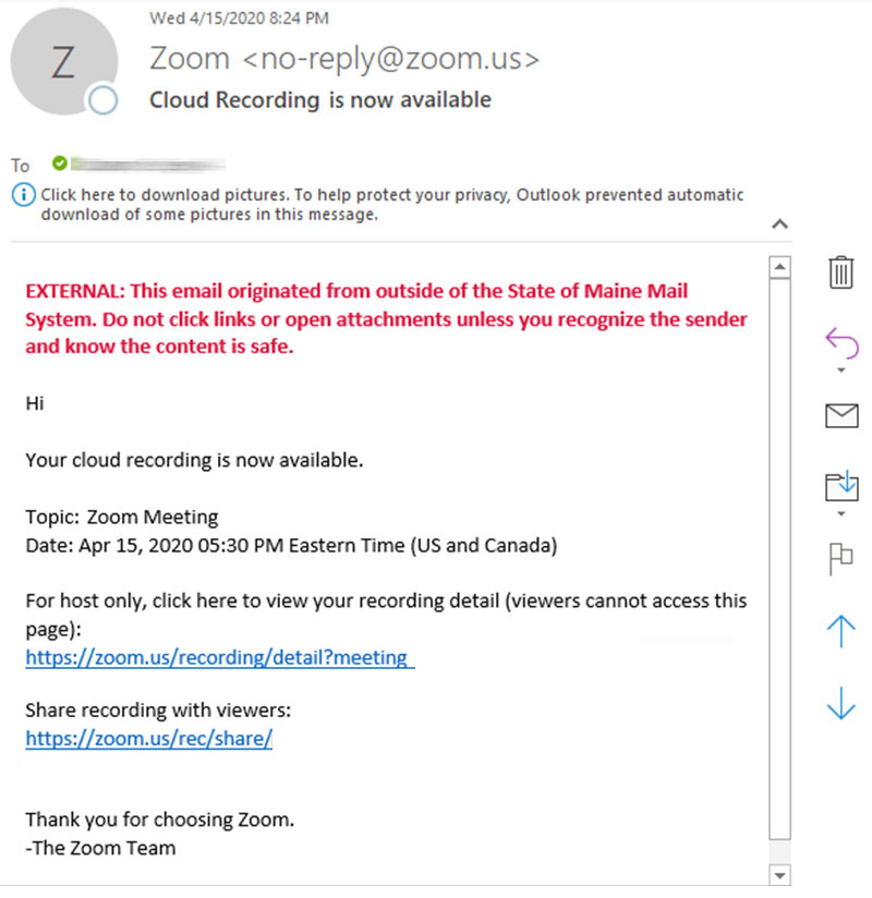 e-mail de gravação na nuvem