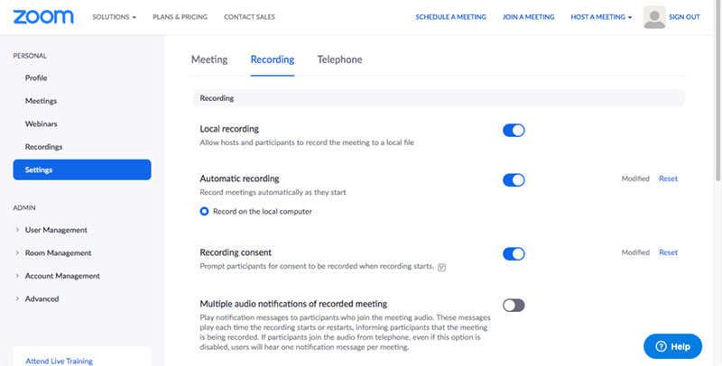 painel de configurações da versão web do zoom