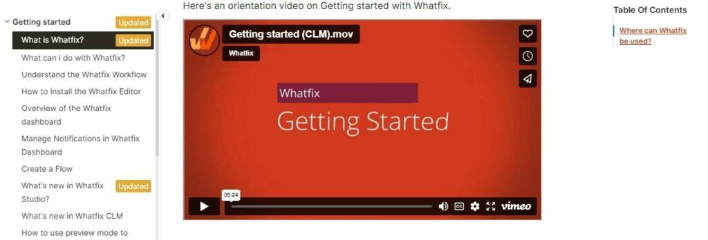 ナレッジ ベースの Whatfix 目次と入門ビデオ