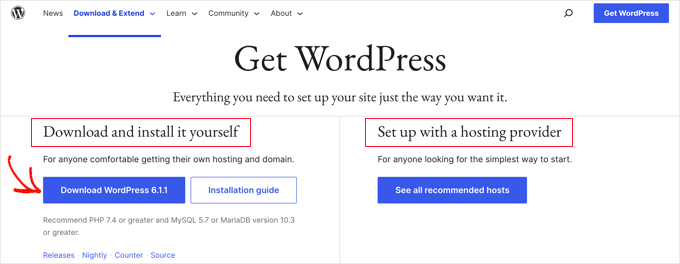 Clique no botão 'Baixar WordPress' Click the 'Download WordPress' Button