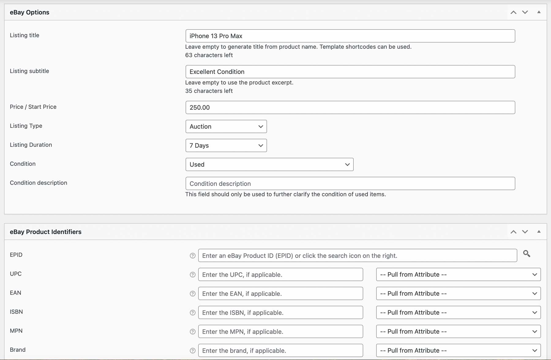 Paramètres du produit WP Lister