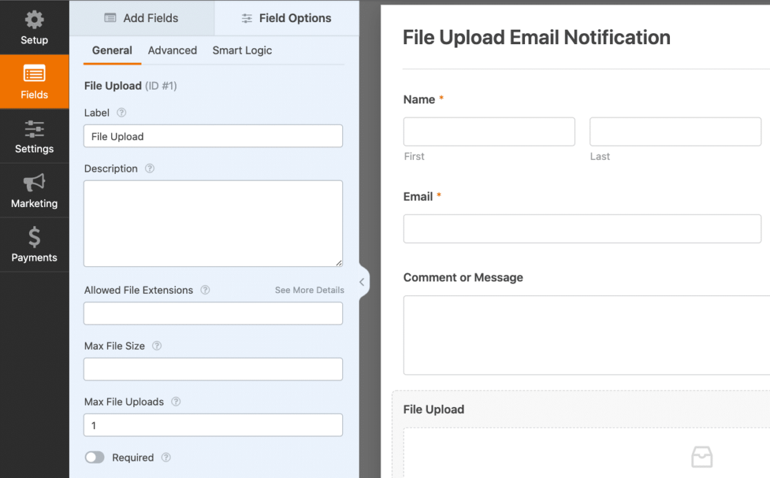 Editing file upload field settings in form builder