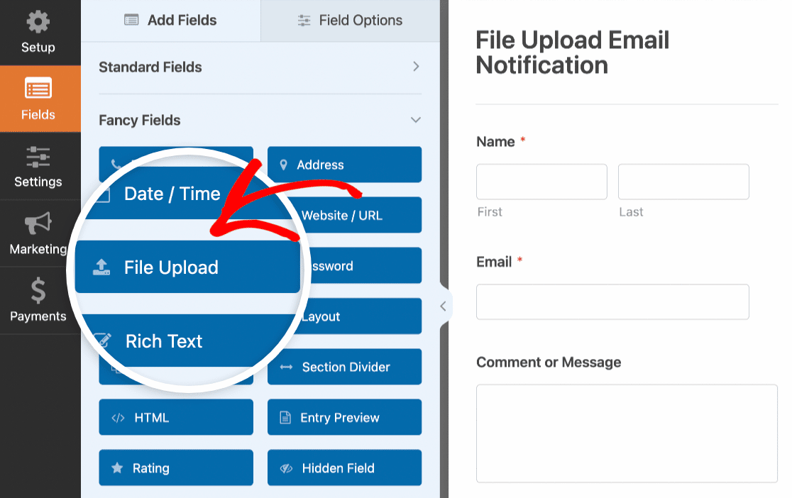 Red arrow pointing to file upload field in form builder