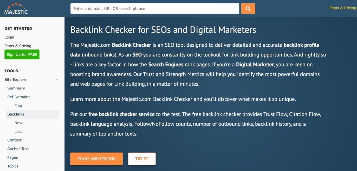 Maestosa homepage che spiega perché è una delle migliori opzioni di backlink checker sul mercato.