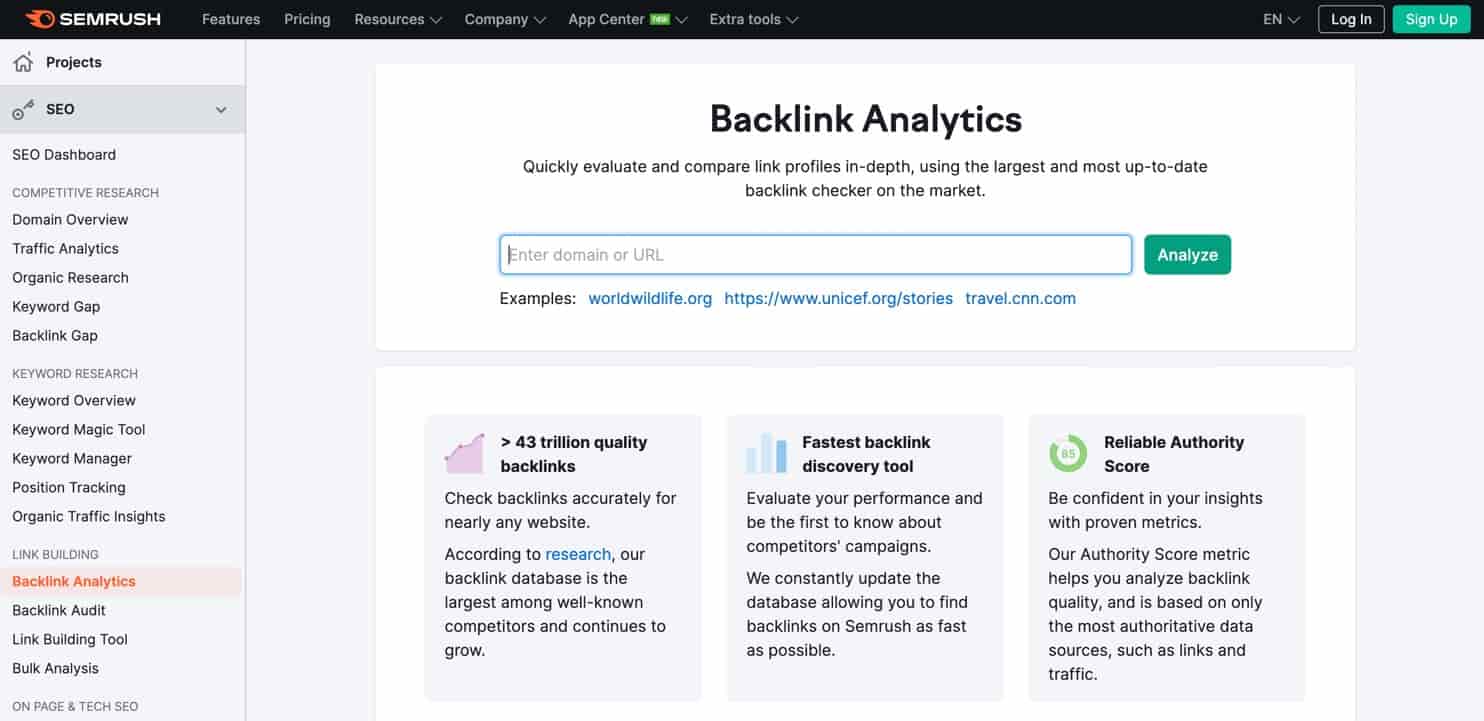 Semrush è senza dubbio il miglior controllore di backlink sul mercato, con un enorme database di dati di backlink.