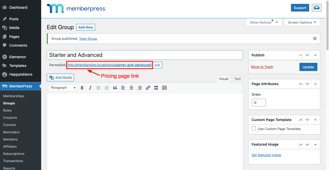 Come creare un sito di appartenenza con Elementor e HappyAddons 28 Pricing Page Link created by MemberPress Plugin