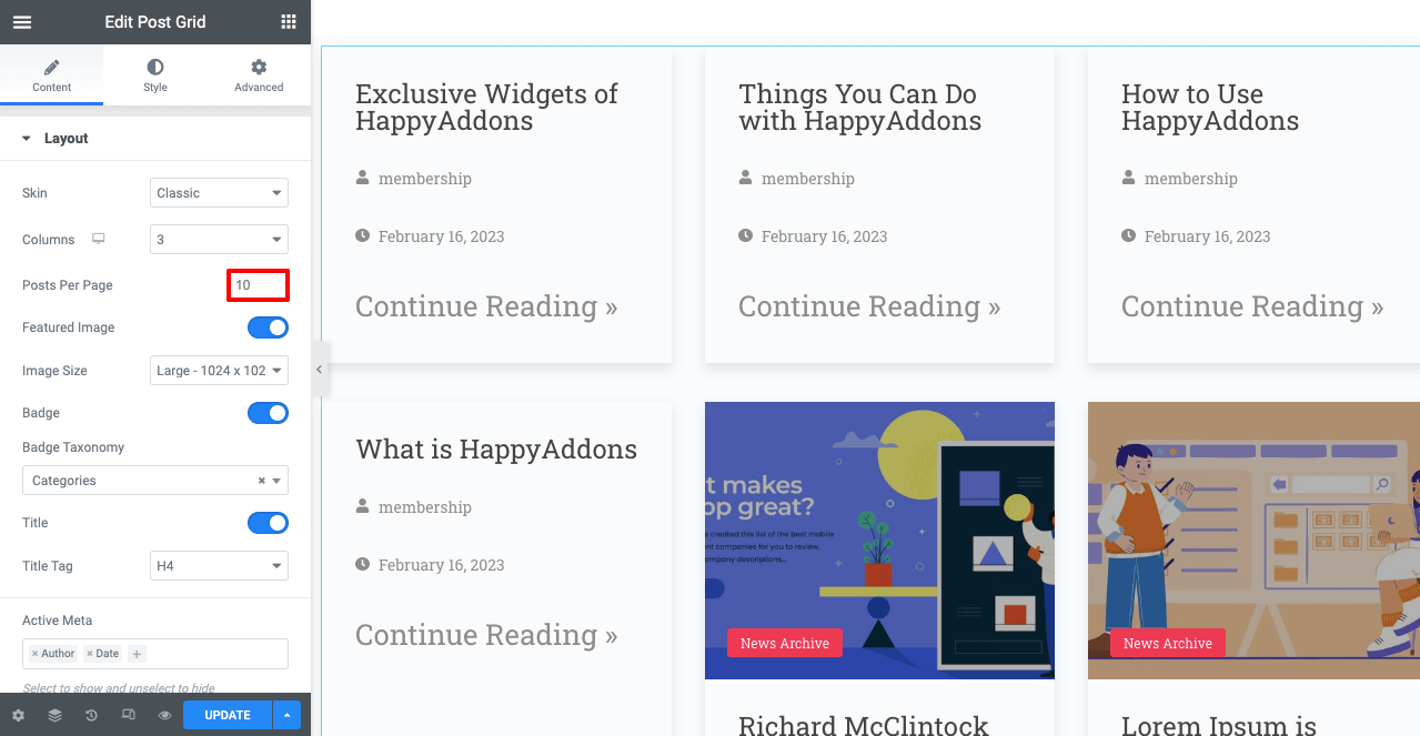 Come creare un sito di appartenenza con Elementor e HappyAddons 12 Increase Content Per Page on Elementor Canvas