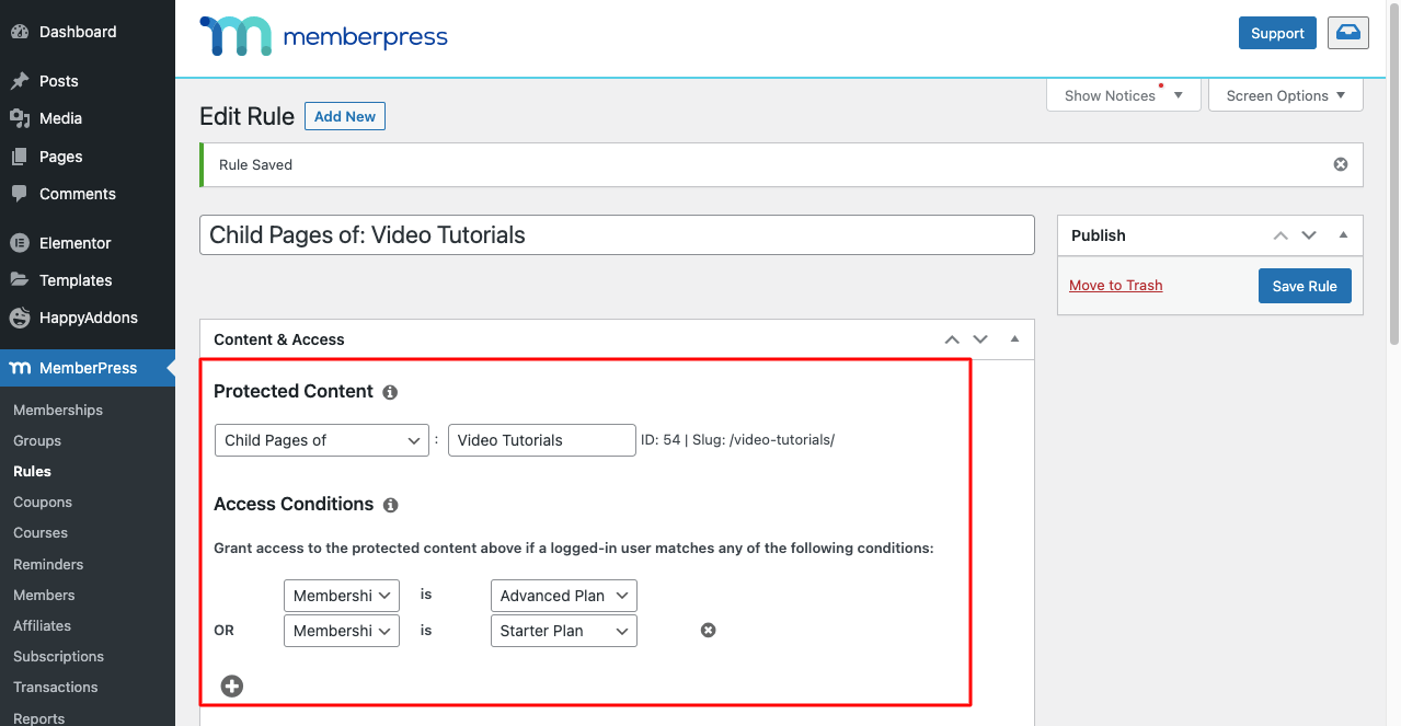 Come creare un sito di appartenenza con Elementor e HappyAddons 24 How to Add Rules to Video Content on Membership Website