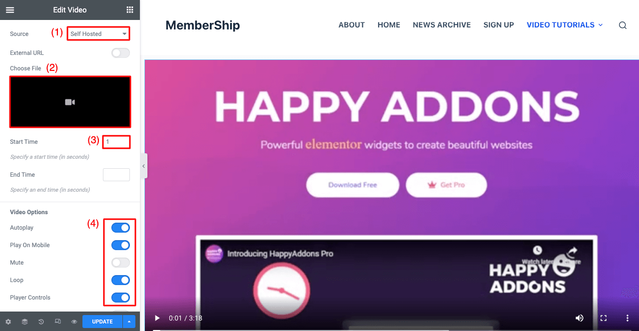Come creare un sito di appartenenza con Elementor e HappyAddons 17 Add Video Using the Video Widget of Elementor