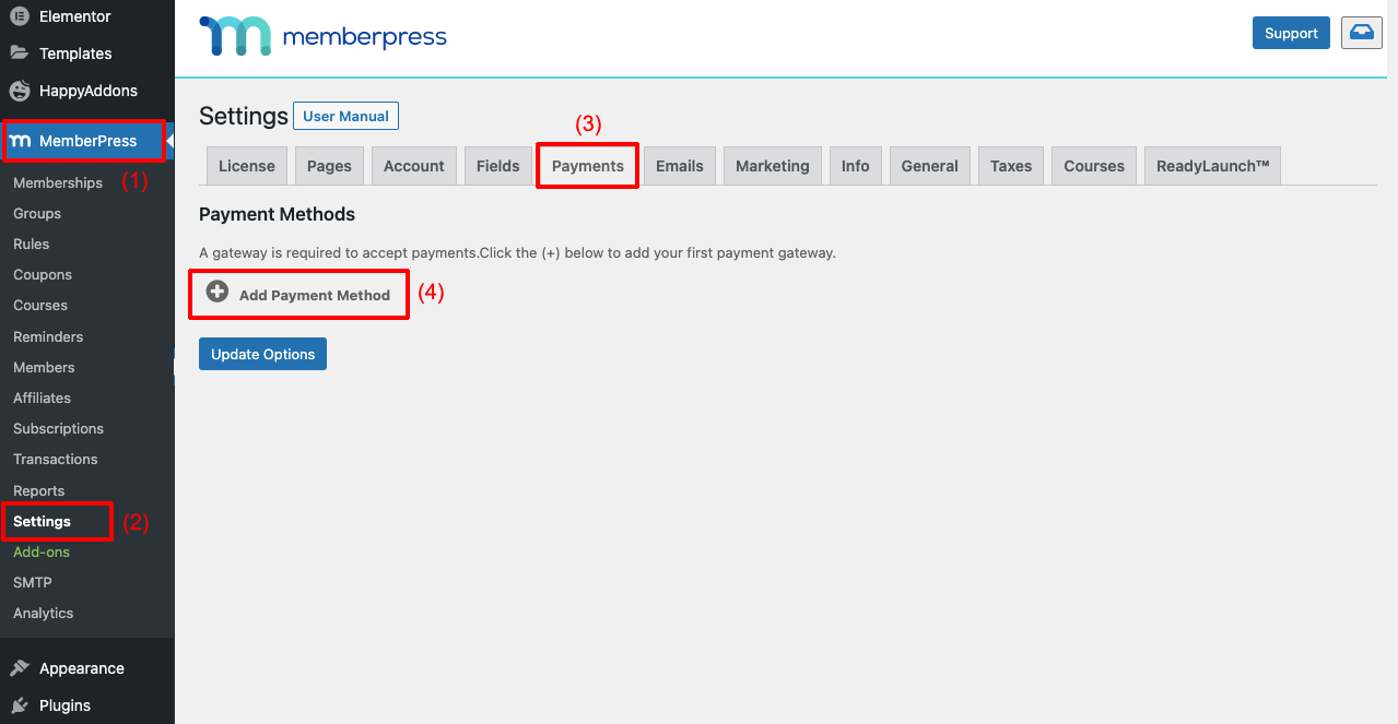 Come creare un sito di appartenenza con Elementor e HappyAddons 2 Configure Payment Method in MemberPress Plugin