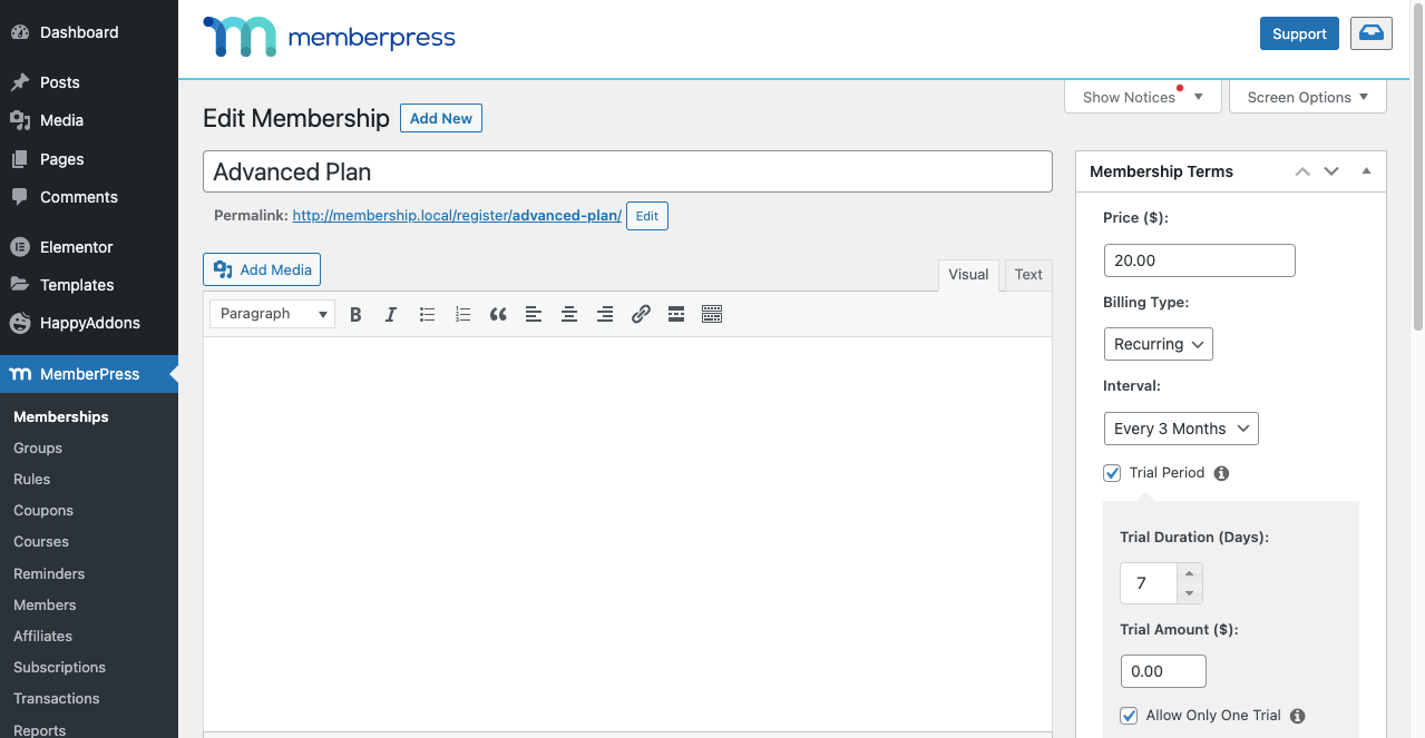 Come creare un sito di appartenenza con Elementor e HappyAddons 8 Create Another Pricing Plan for Your MemberPress Website
