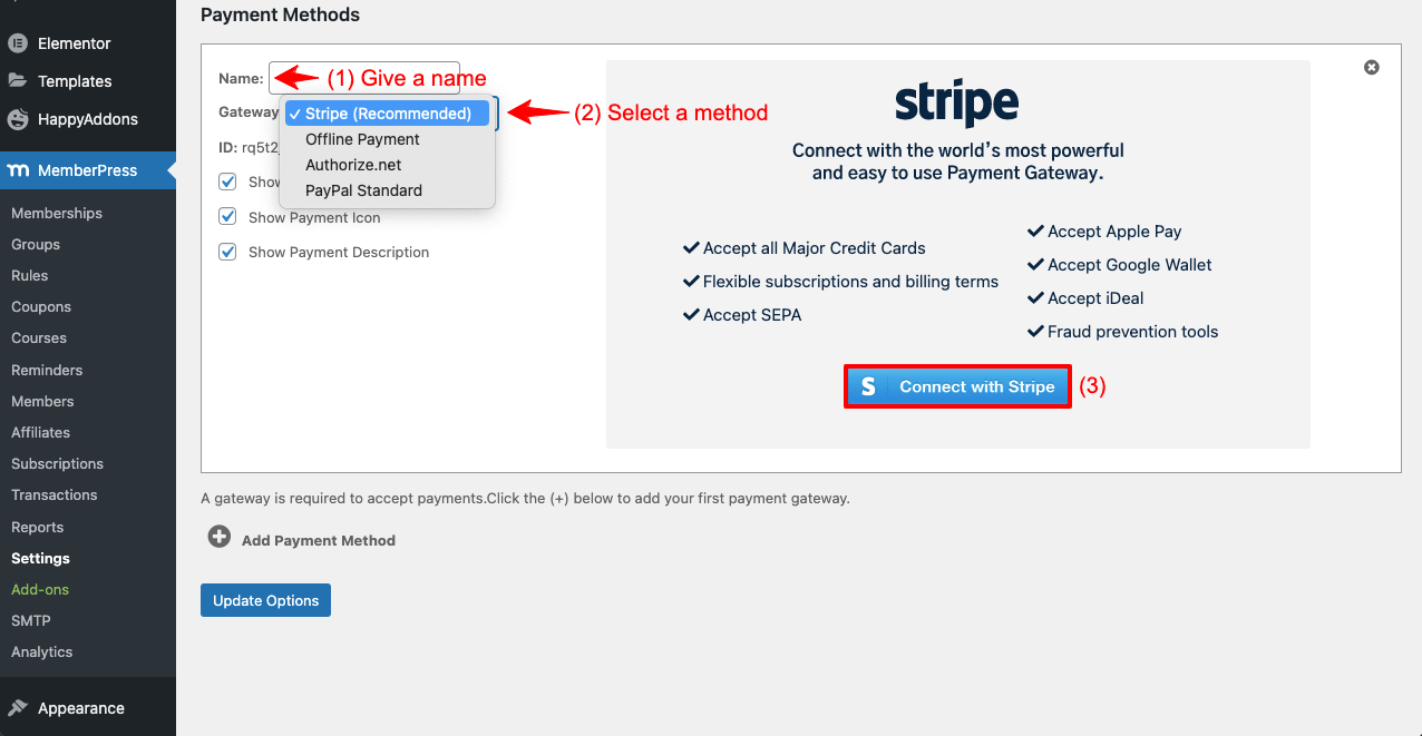 Come creare un sito di appartenenza con Elementor e HappyAddons 3 Add Stripe to MemberPress