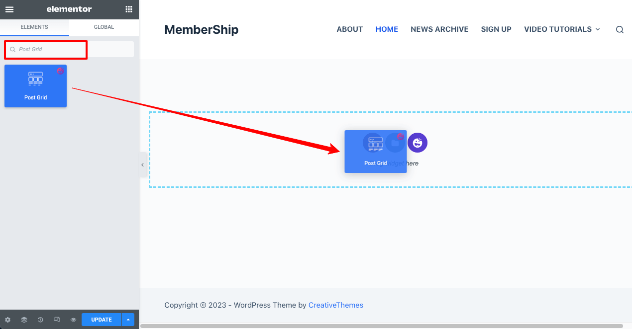 Come creare un sito di appartenenza con Elementor e HappyAddons 11 Drag and Drop the Post Grid Widget to Create Post Collection Page