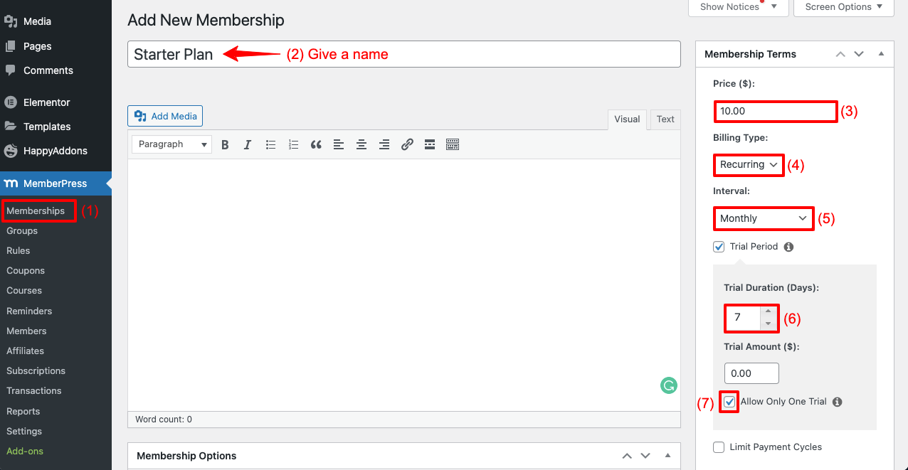 Come creare un sito di appartenenza con Elementor e HappyAddons 7 Create Membership Plan with MemberPress