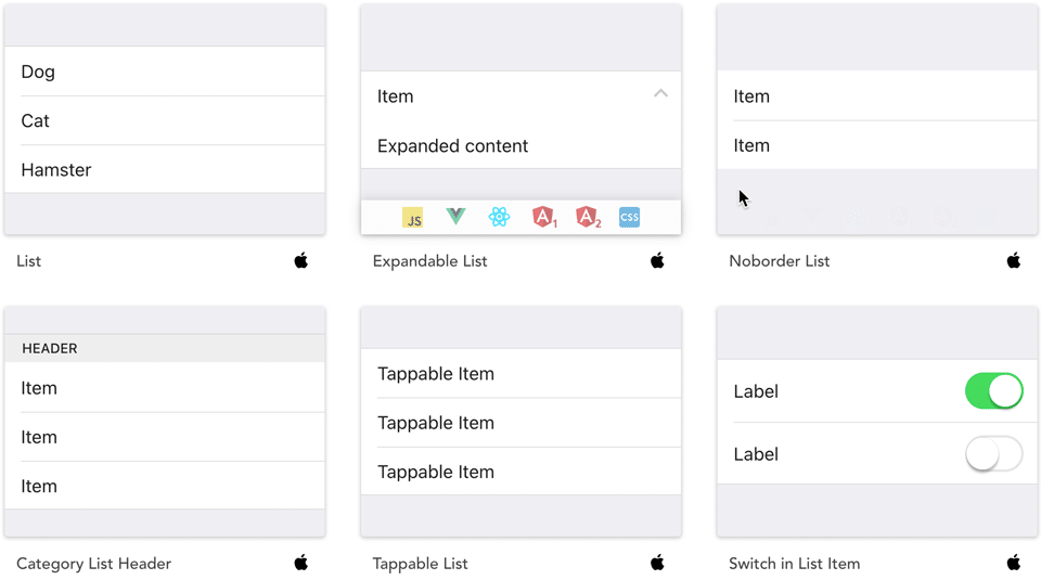 Capture d'écran : Répertoriez des exemples pour la bibliothèque de composants Onsen UI Angular.