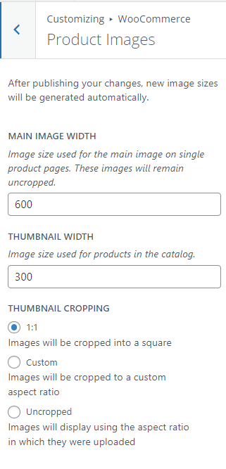 Produktbildoptionen im Customizer