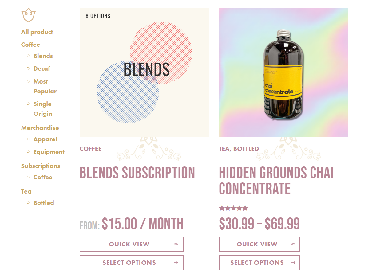 Hidden Grounds Shop-Seite mit Schnellansichtsoptionen