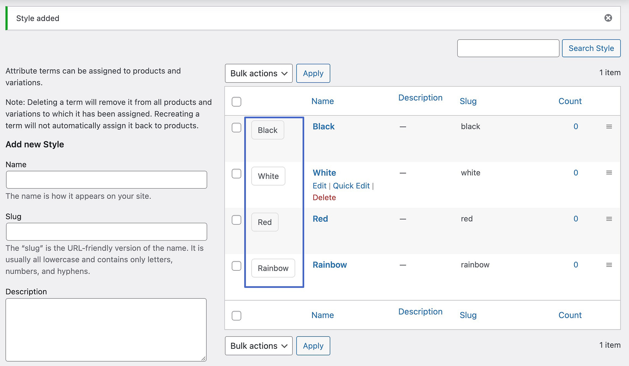 查看 WooCommerce 標籤變體樣本的所有條款