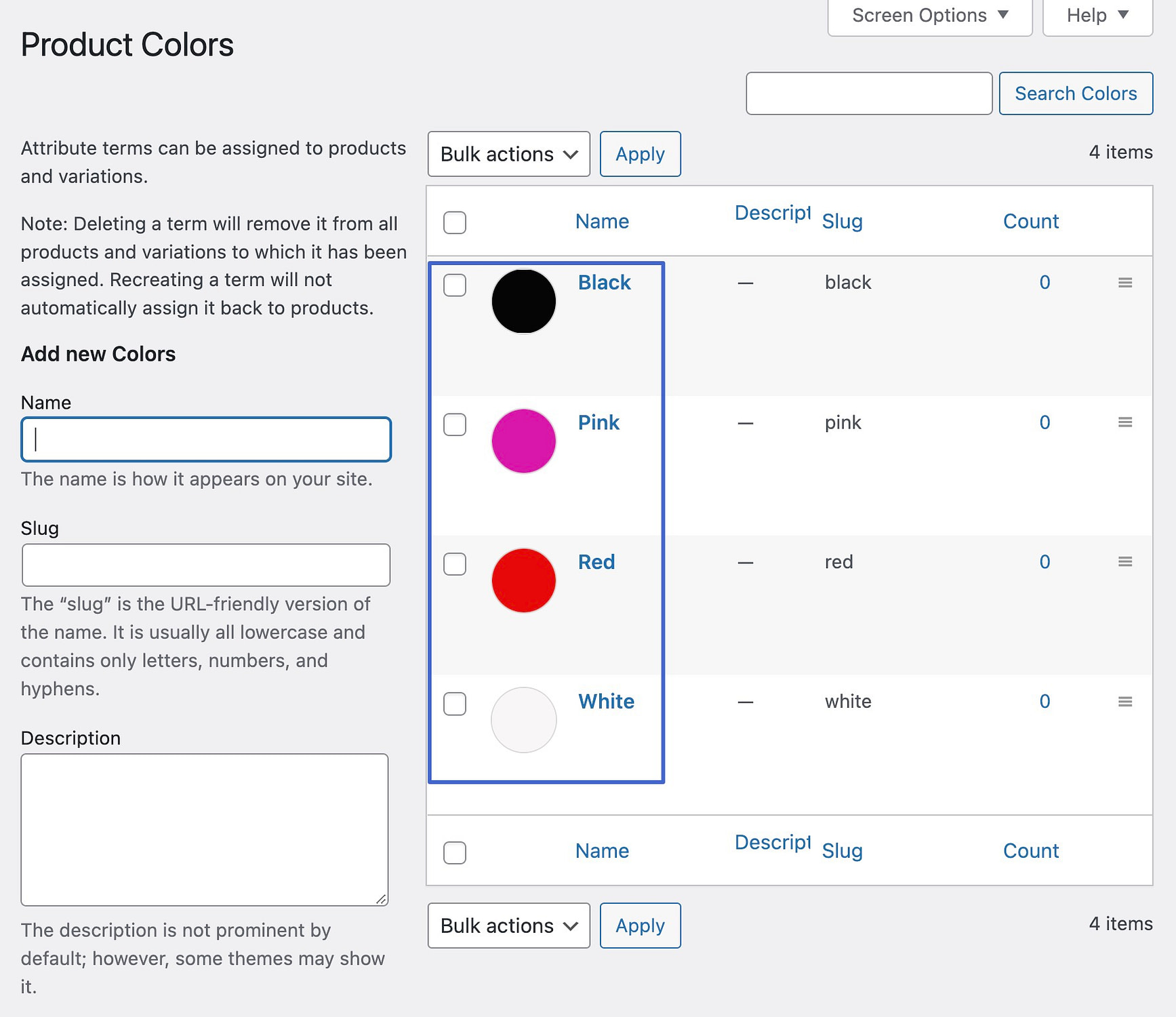 visualizando as amostras de variação de cores para WooCommerce