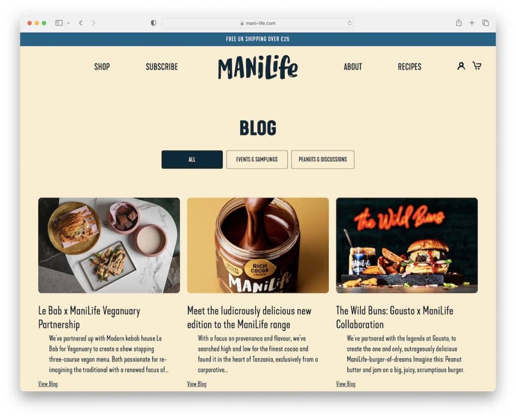 esempio di blog shopify di mani life