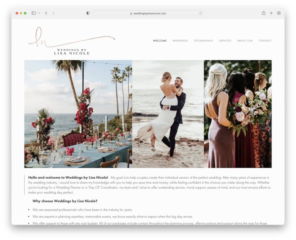 リサ・ニコールによる結婚式サービスのウェブサイト