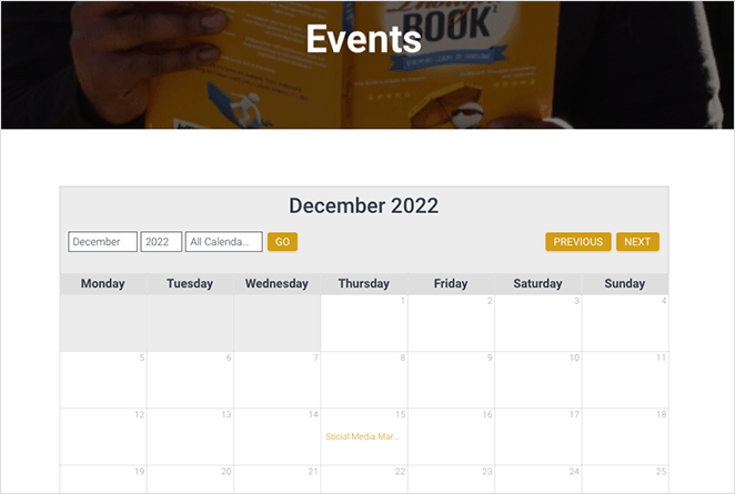 eventspageexemplu SeedProd How to make a calendar in WordPress example