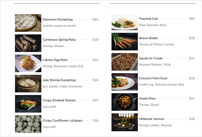SeedProd menu price list example
