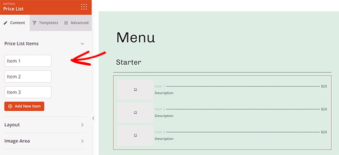 fiyat listesi blok ayarları SeedProd Open a price list item to edit the content