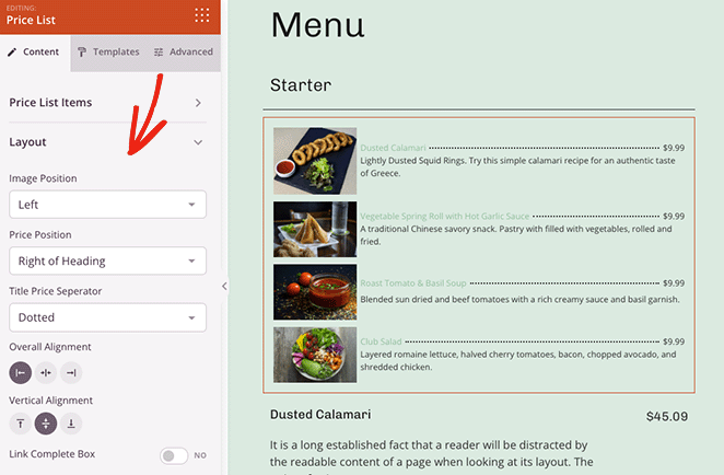 fiyat listesidüzen ayarları SeedProd Customize the price list layout settings